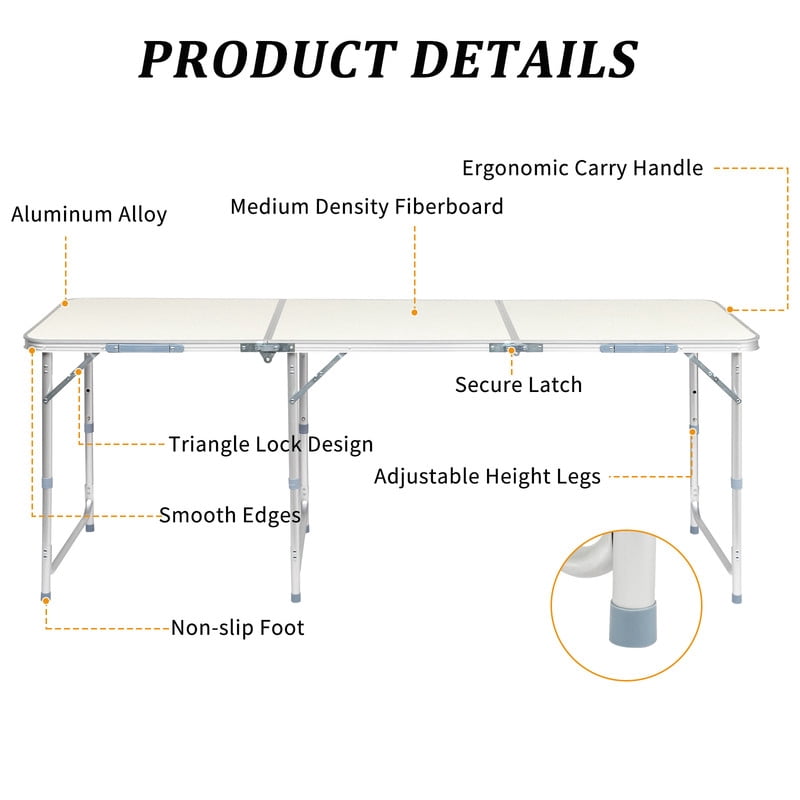 COTINSE 6 FT Adjustable Height Aluminum Folding Table with Carry Handle, Portable Camping Picnic Dining Table for Party Indoor Outdoor Use, Beige