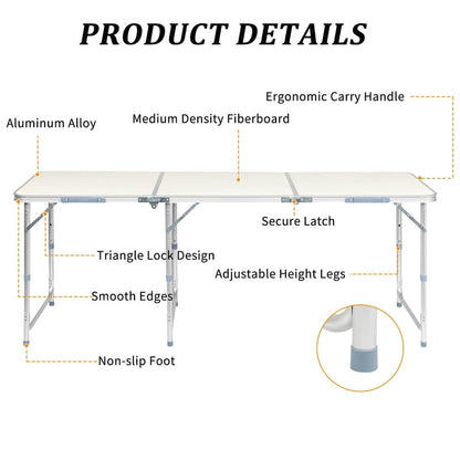 COTINSE 6 FT Adjustable Height Aluminum Folding Table with Carry Handle, Portable Camping Picnic Dining Table for Party Indoor Outdoor Use, Beige