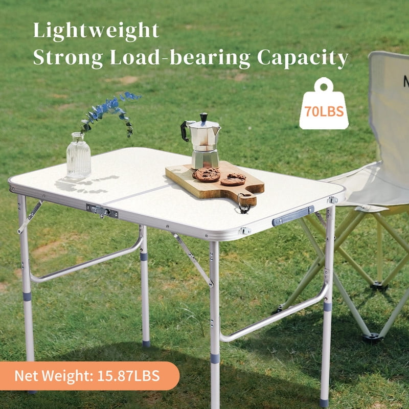 COTINSE 3 FT Adjustable Height Aluminum Folding Table with Carry Handle, Portable Camping Picnic Dining Table for Indoor Outdoor Use, Beige