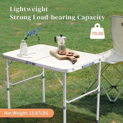 COTINSE 3 FT Adjustable Height Aluminum Folding Table with Carry Handle, Portable Camping Picnic Dining Table for Indoor Outdoor Use, Beige