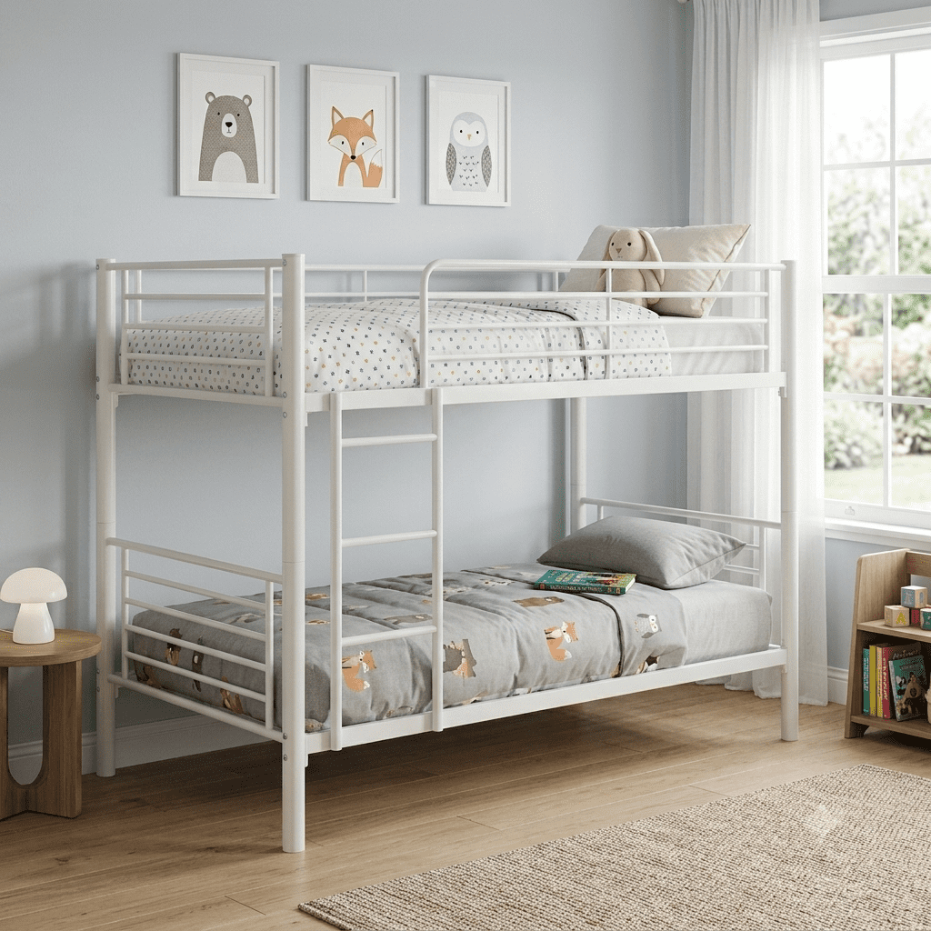 COTINSE White Twin Over Twin Bunk Bed with Reversible Ladder, Heavy Duty Metal Frame & Safety Guardrail, Space-Saving Iron Bed, White