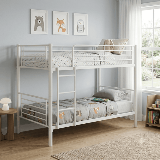 COTINSE White Twin Over Twin Bunk Bed with Reversible Ladder, Heavy Duty Metal Frame & Safety Guardrail, Space-Saving Iron Bed, White
