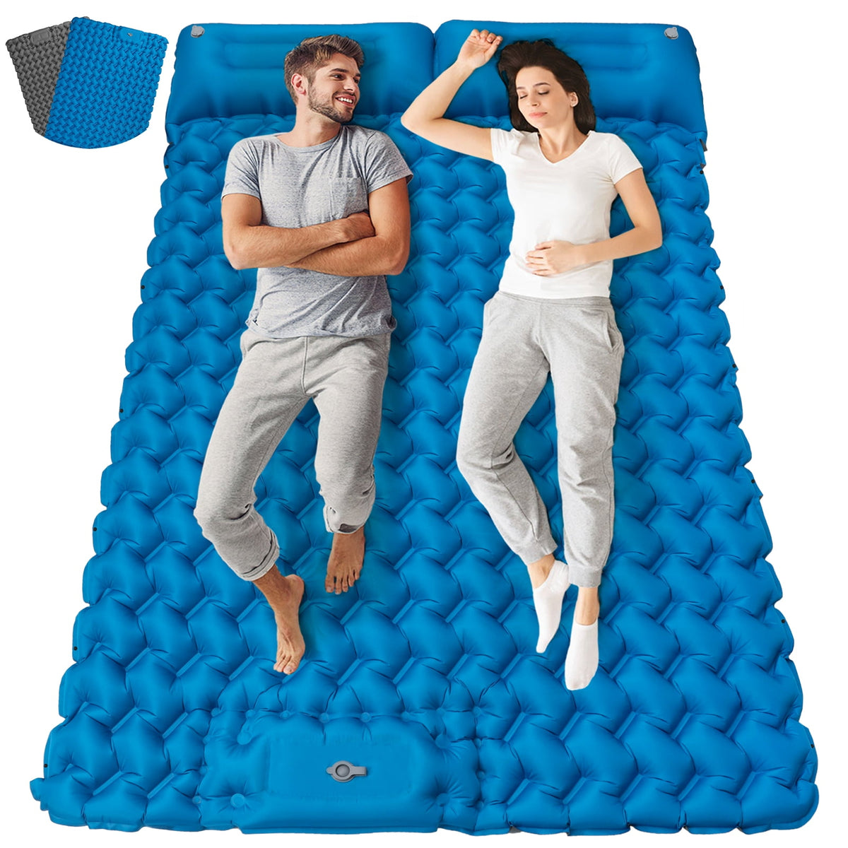 Cotinse Double Camping Sleeping Pad - Self Inflating 4" Extra-Thick for 2 Person with Pillow Built-in Foot Pump Inflatable Sleeping Mat for Backpacking, Traveling, Portable Camping Mat,Blue