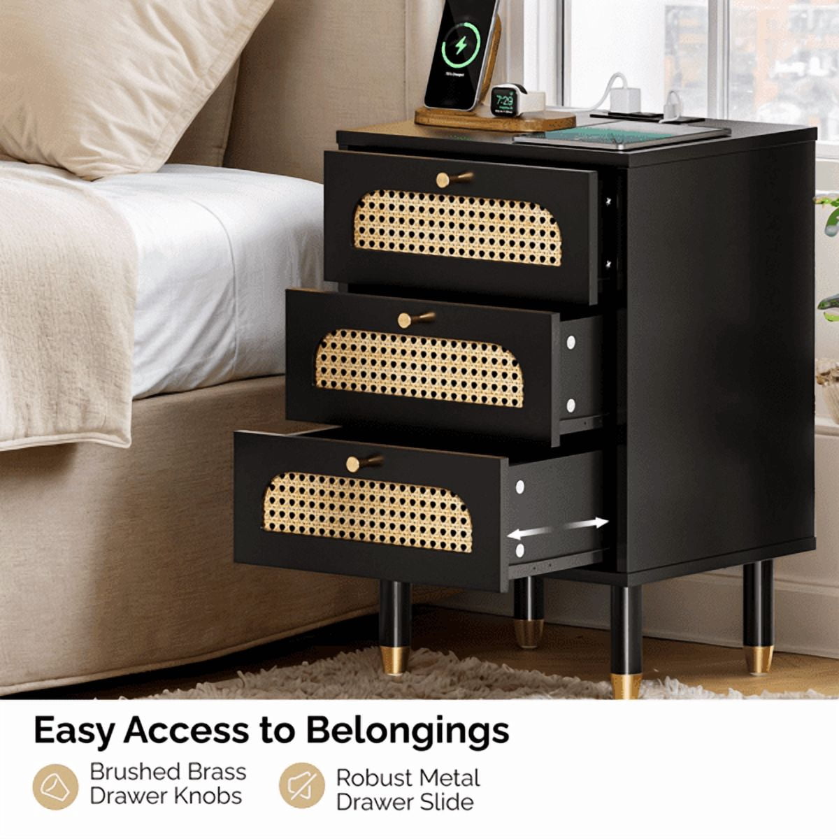 COTINSE Black Rattan Nightstand with Charging Station, 3-Drawer Boho Bedside Table with USB Ports & Power Outlet, Wood End Table for Bedroom