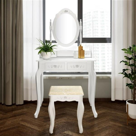 Cotinse Elegance White Dressing Table Vanity Table and Stool Set Wood Makeup Desk with 4 Drawers & Mirror