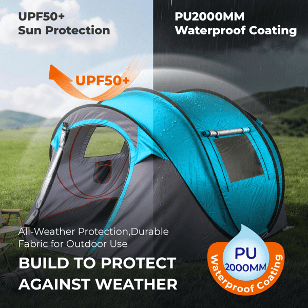 COTINSE Instant Pop Up Camping Tent, 4 Person Waterproof Family Tent with Front Awning, Dual Mesh Doors, Storage Pockets and Carry Bag for Camping, Traveling, Blue