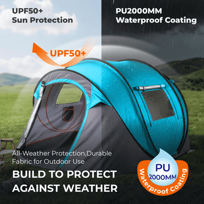 COTINSE Instant Pop Up Camping Tent, 4 Person Waterproof Family Tent with Front Awning, Dual Mesh Doors, Storage Pockets and Carry Bag for Camping, Traveling, Blue