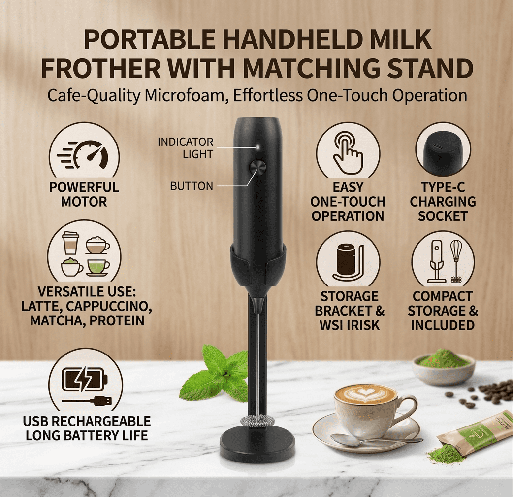 COTINSE Usb Rechargeable Handheld Milk Frother and Foam Maker with Stand for Coffee and Hot Chocolate, Black
