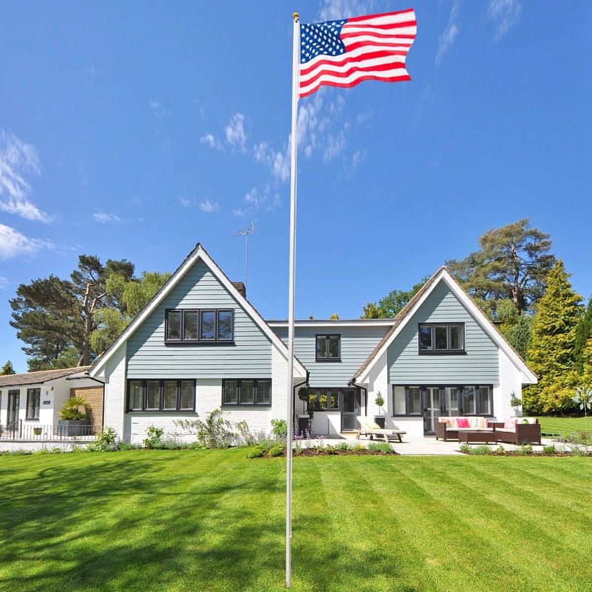 COTINSE 25FT Sectional Aluminum Flag Pole Kit with 2PCS 3x5 FT American Flags, Gold Ball Finial, Halyard Rope and PVC Sleeve for Outdoor Yard