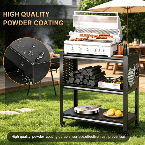 COTINSE 3-Tier Outdoor Grill Cart Table with Pegboard and Locking Wheels, Mobile Pizza Oven Stand for BBQ, Patio and Indoor Use, Black