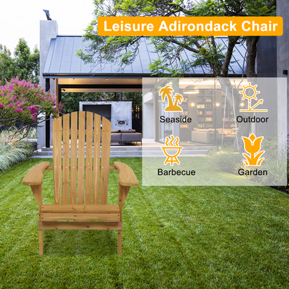 COTINSE Folding Adirondack Chair, Natural Fir Wood Outdoor Lounge Chair with Wide Armrests, Waterproof Coating for Patio, Porch, Garden and Beach, Natural