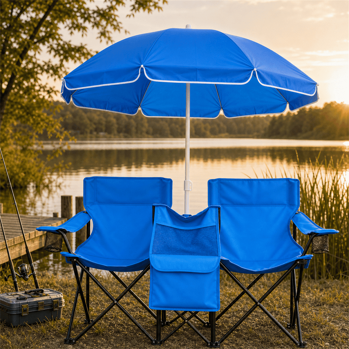 COTINSE Folding Beach Double Chair with Removable Umbrella, Outdoor Camping Chair with Cooler Bag, Fishing Chair with Carrying Bag, Blue