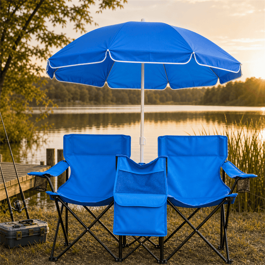 COTINSE Folding Beach Double Chair with Removable Umbrella, Outdoor Camping Chair with Cooler Bag, Fishing Chair with Carrying Bag, Blue