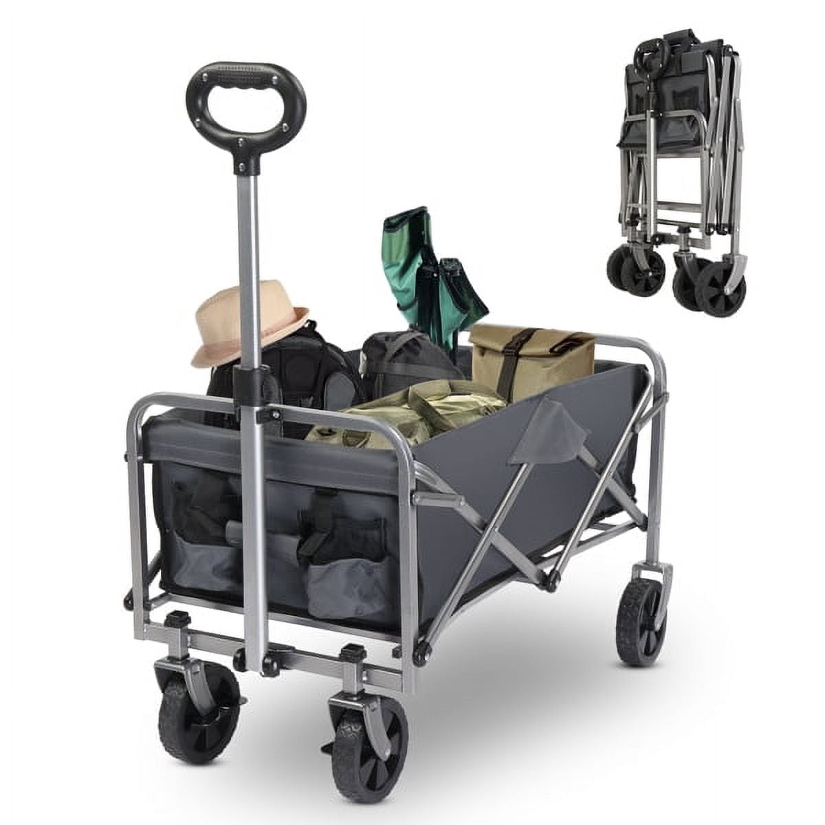 Cotinse Collapsible Garden Folding Cart, 220lbs Capacity Utility Wagon with 600D Oxford Cloth & Steel Frame, Portable Flat Folding Trolley, Gray