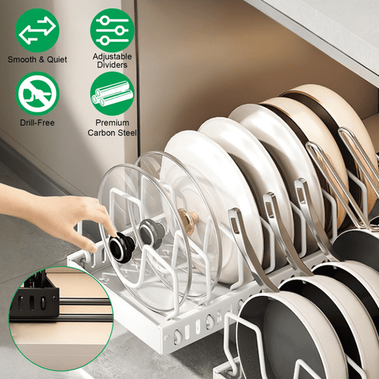 COTINSE Pull Out Pots and Pans Organizer for Cabinet, Sliding Carbon Steel Lid Rack with 8 Adjustable Dividers, 44 lb Capacity, White