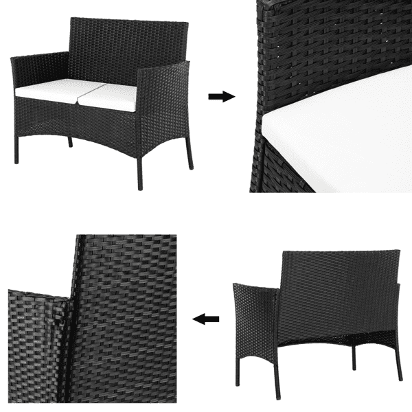 COTINSE 4 Piece Patio Conversation Set, Outdoor PE Rattan Wicker Furniture Set with 2 Armchairs, Loveseat, Tempered Glass Coffee Table & Cushions, Black