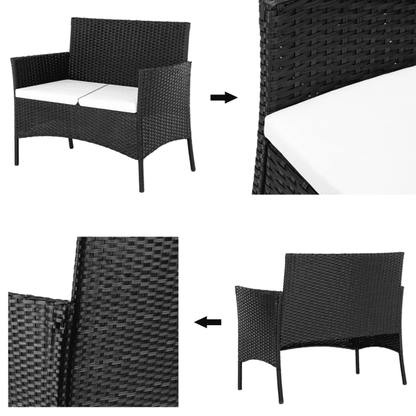 COTINSE 4 Piece Patio Conversation Set, Outdoor PE Rattan Wicker Furniture Set with 2 Armchairs, Loveseat, Tempered Glass Coffee Table & Cushions, Black