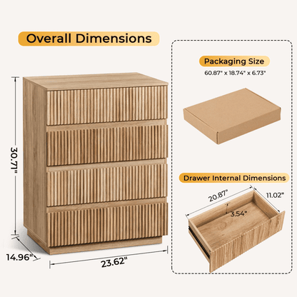 COTINSE 4-Drawer Dresser, Oak Handleless Nightstand with Grille Fronts, Engineered Wood Storage Cabinet for Bedroom, 23.62 in Wide