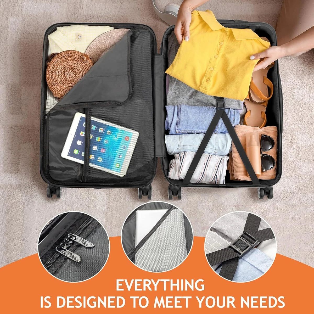 Cotinse 3 Piece Luggage Sets Hardshell Lightweight Suitcase with TSA Lock Spinner Wheels,Orange