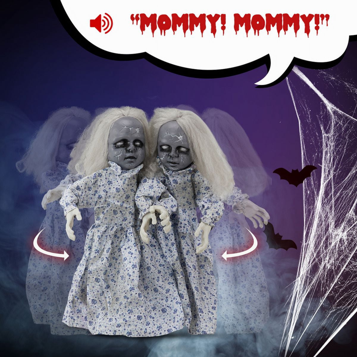 COTINSE 2.8 FT Animatronic Twin Girls Halloween Decoration with Light-Up Eyes, Creepy Sounds & Swaying Bodies, Battery Powered