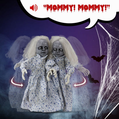 COTINSE 2.8 FT Animatronic Twin Girls Halloween Decoration with Light-Up Eyes, Creepy Sounds & Swaying Bodies, Battery Powered