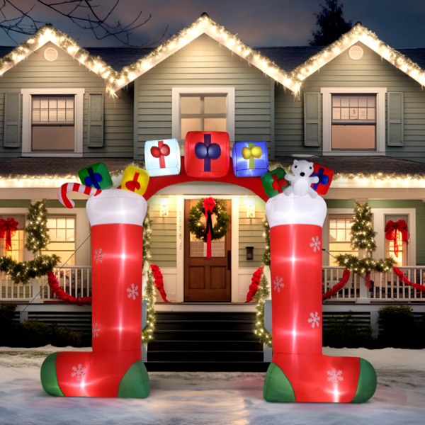 COTINSE 9 FT Christmas Archway Inflatable Outdoor Decorations with 11 LED Lights, Blow Up Christmas Stocking Arch with Gift Box Design, Built-in Blower, Stakes & Tethers for Yard Lawn