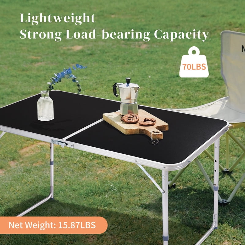 COTINSE 4 FT Adjustable Height Aluminum Folding Table with Carry Handle, Portable Camping Picnic Dining Table for Indoor Outdoor Party, Black