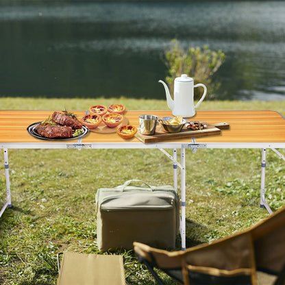 COTINSE 6 FT Adjustable Height Aluminum Folding Table with Carry Handle, Portable Camping Picnic Dining Table for Party Indoor Outdoor Use, Woodgrain