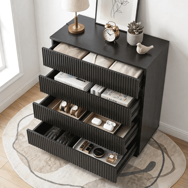 COTINSE 4-Drawer Dresser, Black Handleless Nightstand with Grille Fronts, Engineered Wood Storage Cabinet for Bedroom, 23.62 in Wide