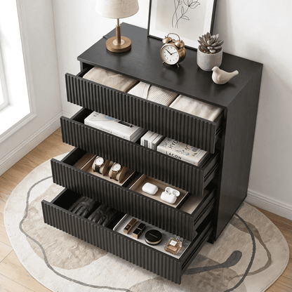 COTINSE 4-Drawer Dresser, Black Handleless Nightstand with Grille Fronts, Engineered Wood Storage Cabinet for Bedroom, 23.62 in Wide