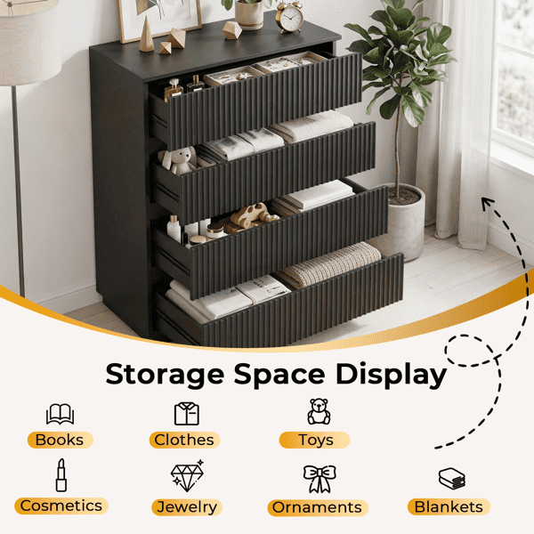 COTINSE 4-Drawer Dresser, Black Handleless Nightstand with Grille Fronts, Engineered Wood Storage Cabinet for Bedroom, 23.62 in Wide
