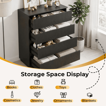 COTINSE 4-Drawer Dresser, Black Handleless Nightstand with Grille Fronts, Engineered Wood Storage Cabinet for Bedroom, 23.62 in Wide