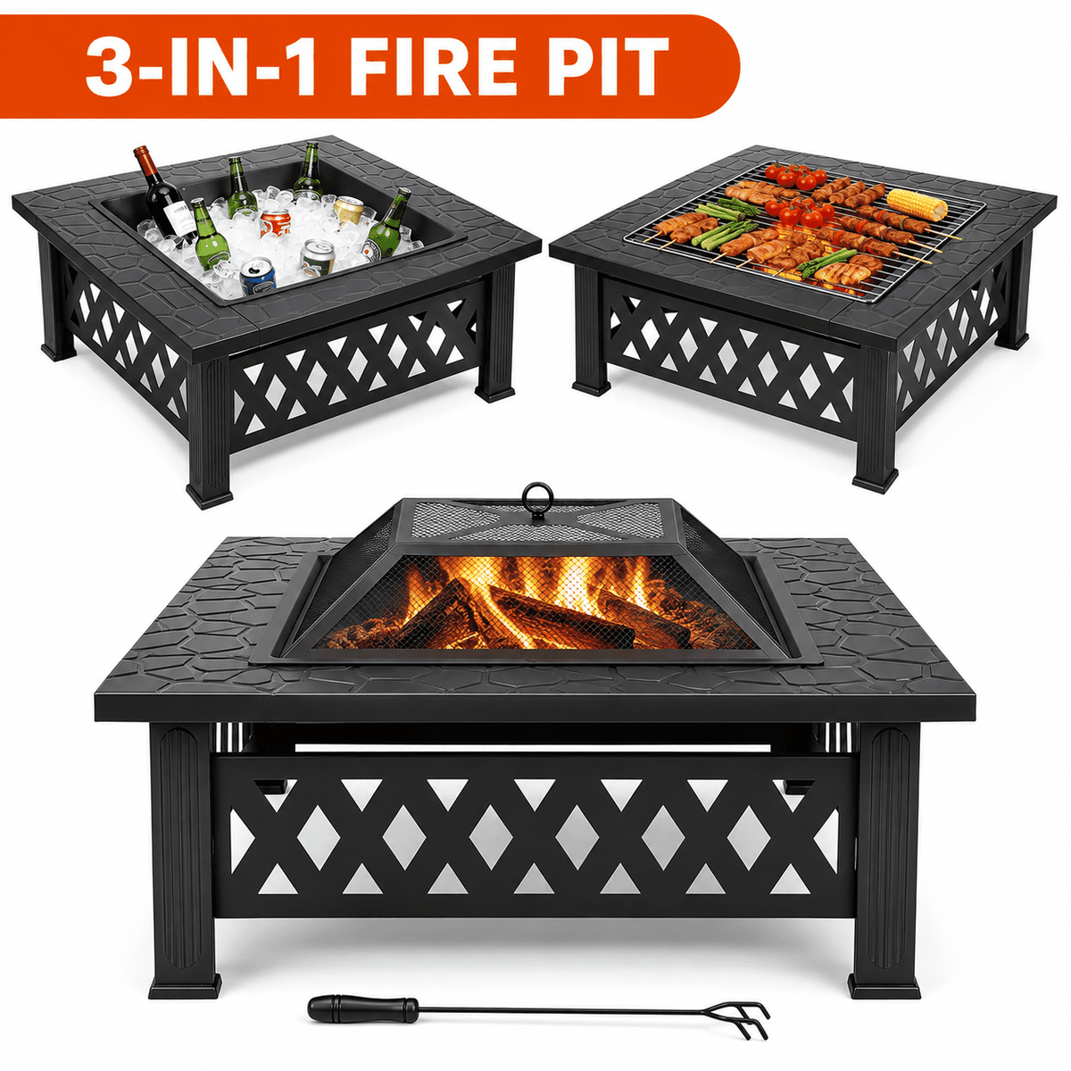 COTINSE 32" Fire Pit for Outside, Square Wood Burning Outdoor Firepit with Mesh Spark Screen and Fire Poker for Patio, Backyard, Camping and Bonfire, Black