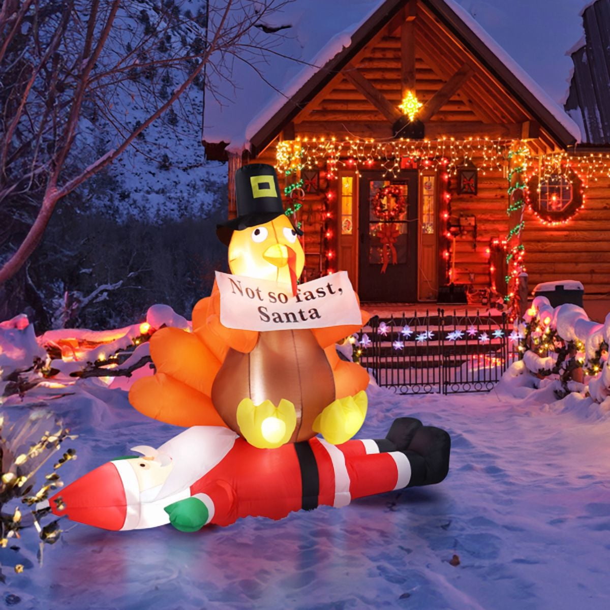 COTINSE 4.9 FT Christmas Inflatable Decorations Outdoor, Turkey Sitting on Santa Claus Blow Up Yard Decoration with Built-in LED Lights