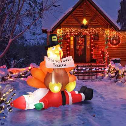 COTINSE 4.9 FT Christmas Inflatable Decorations Outdoor, Turkey Sitting on Santa Claus Blow Up Yard Decoration with Built-in LED Lights