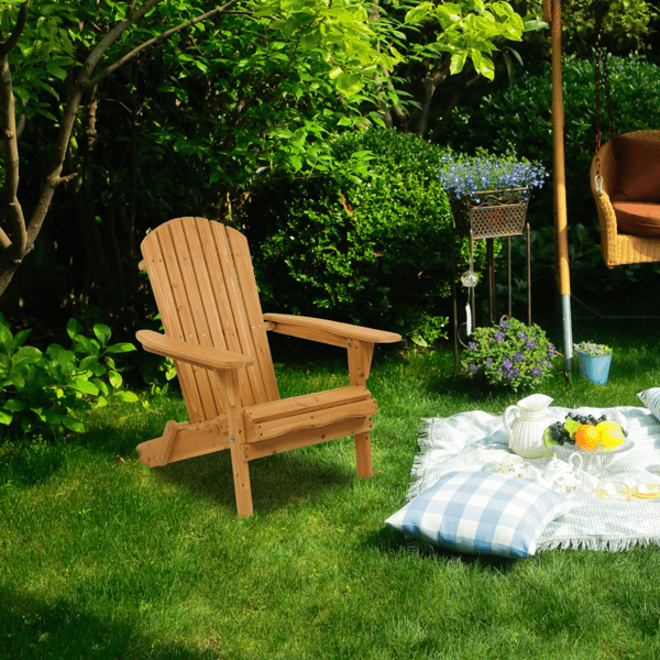 COTINSE Folding Adirondack Chair, Natural Fir Wood Outdoor Lounge Chair with Wide Armrests, Waterproof Coating for Patio, Porch, Garden and Beach, Natural