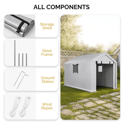 COTINSE 6x10 FT Outdoor Storage Shed, Waterproof Portable Bike Storage Tent with Roll-Up Zipper Door, 2 Windows, Heavy Duty Frame and Ground Stakes for Bicycles, Garden Tools and Firewood