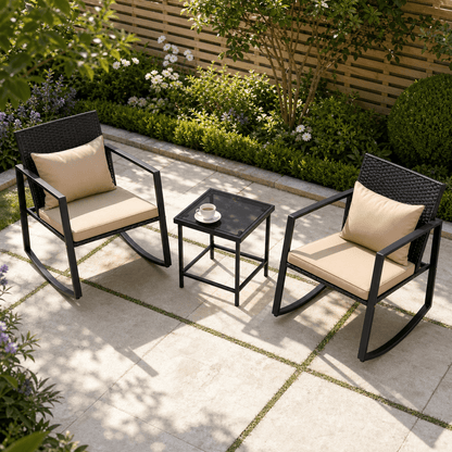 COTINSE 3 Pieces Patio Furniture Set, Outdoor Conversation Set with Coffee Table, PE Wicker Rocking Chairs with Cushions