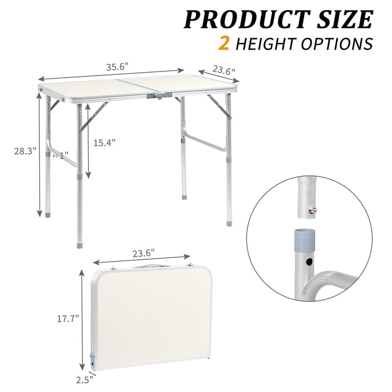 COTINSE 3 FT Adjustable Height Aluminum Folding Table with Carry Handle, Portable Camping Picnic Dining Table for Indoor Outdoor Use, Beige