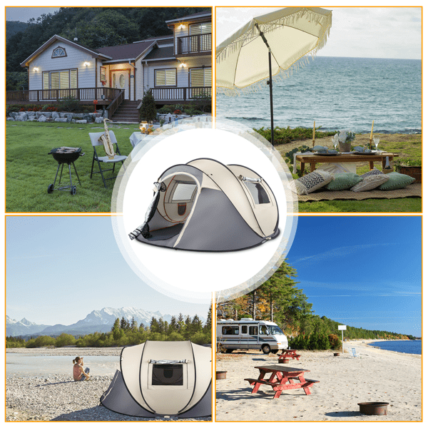 COTINSE Instant Pop Up Camping Tent, 4 Person Waterproof Family Tent with Front Awning, Dual Mesh Doors, Storage Pockets and Carry Bag for Camping, Traveling, Khaki