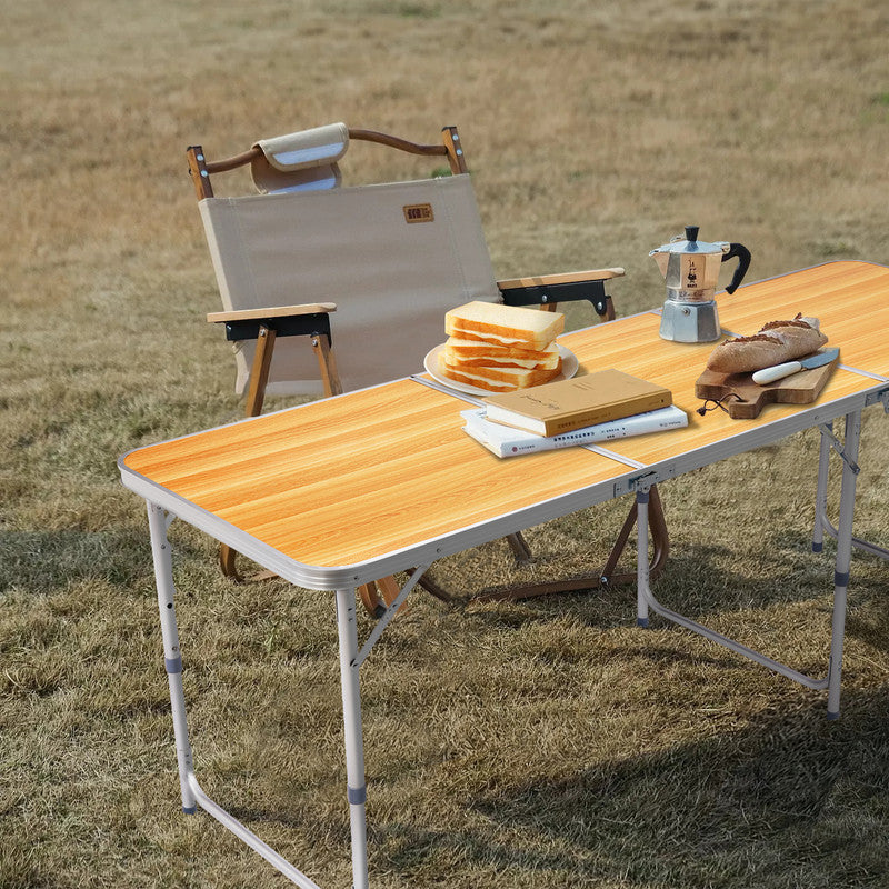 COTINSE 6 FT Adjustable Height Aluminum Folding Table with Carry Handle, Portable Camping Picnic Dining Table for Party Indoor Outdoor Use, Woodgrain