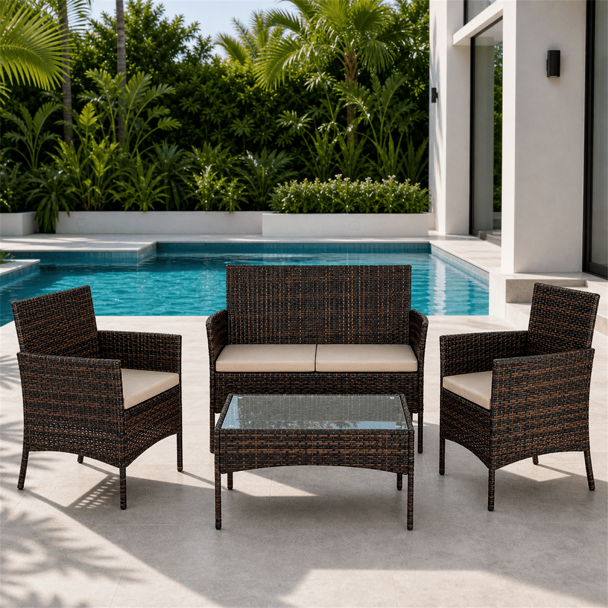 COTINSE 4 Piece Patio Conversation Set, Outdoor PE Rattan Wicker Furniture Set with 2 Armchairs, Loveseat, Tempered Glass Coffee Table & Cushions, Brown