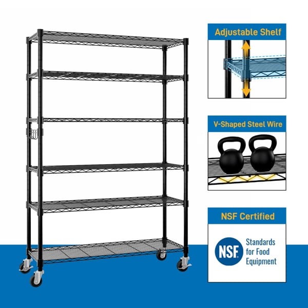Cotinse 6 Tier Wire Shelving with Wheels 2400LBS Capacity, Heavy Duty Storage Rack for Home Garage, 46"W x 18"D x 82"H Adjustable Shelves, Silver