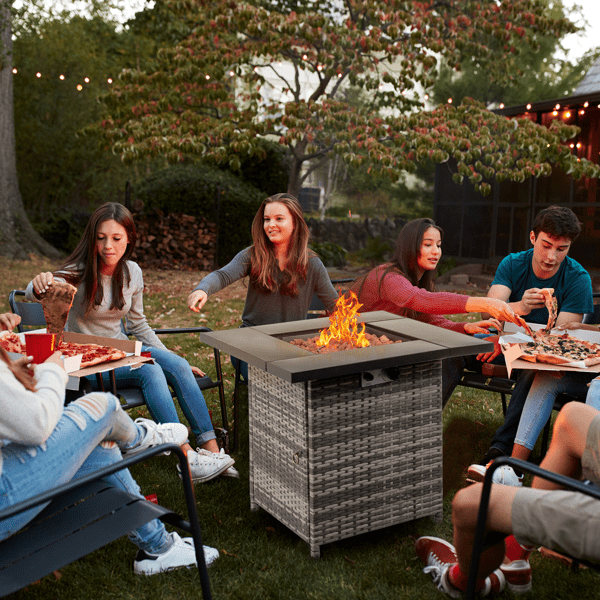 COTINSE 28" Propane Fire Pit Table, 50,000 BTU 2-in-1 Outdoor Gas Fire Table with Metal Lid, Lava Rocks, Pulse Ignition and Wicker Base for Patio Backyard Garden, Gray