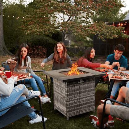 COTINSE 28" Propane Fire Pit Table, 50,000 BTU 2-in-1 Outdoor Gas Fire Table with Metal Lid, Lava Rocks, Pulse Ignition and Wicker Base for Patio Backyard Garden, Gray