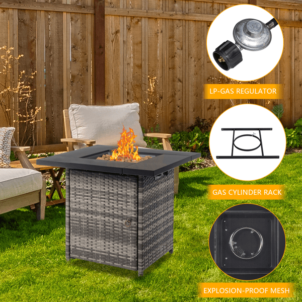 COTINSE 28" Propane Fire Pit Table, 50,000 BTU 2-in-1 Outdoor Gas Fire Table with Metal Lid, Lava Rocks, Pulse Ignition and Wicker Base for Patio Backyard Garden, Gray