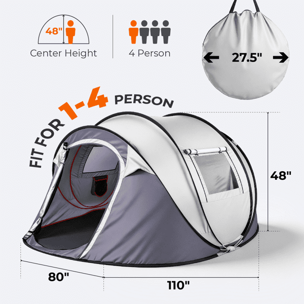 COTINSE Instant Pop Up Camping Tent, 4 Person Waterproof Family Tent with Front Awning, Dual Mesh Doors, Storage Pockets and Carry Bag for Camping, Traveling, Light Gray