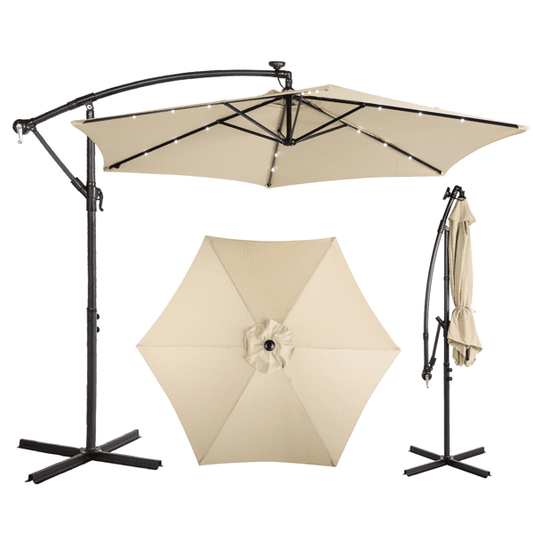 COTINSE 10FT Patio Offset Umbrella, Solar LED Cantilever Hanging Umbrella with Cross Base for Garden & Backyard, Khaki