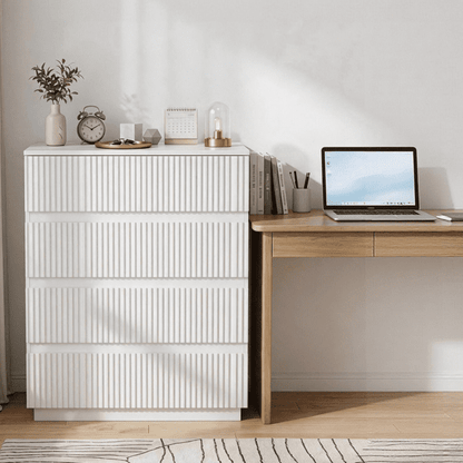 COTINSE 4-Drawer Dresser, White Handleless Nightstand with Grille Fronts, Engineered Wood Storage Cabinet for Bedroom, 23.62 in Wide