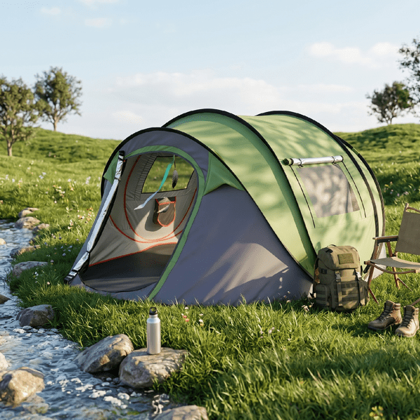 COTINSE Instant Pop Up Camping Tent, 4 Person Waterproof Family Tent with Front Awning, Dual Mesh Doors, Storage Pockets and Carry Bag for Camping, Traveling, Green